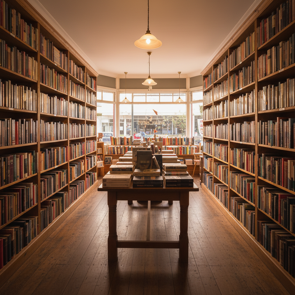 The warmly lit interior of Bella's Second Hand Books with tall shelves of colourful spines and a central oak table of classics.