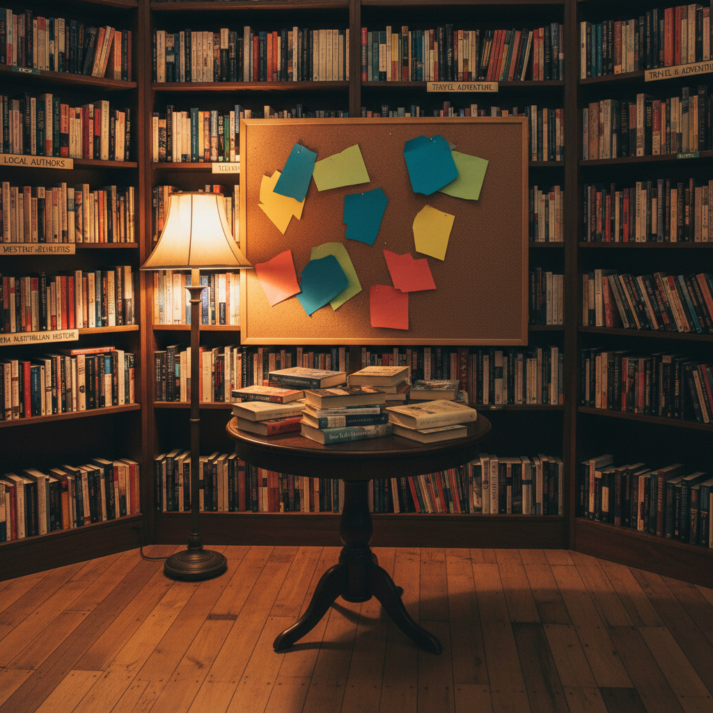 A community-themed corner inside Bella's Second Hand Books with a small round table of book club favourites lit by a warm floor lamp.