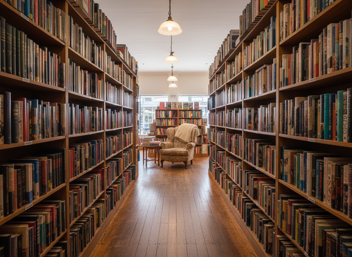 A wide, photographic shot of a long aisle inside a physical second-hand bookshop in Osborne Park, Perth, representing Bella's Second Hand Books. Floor-to-ceiling wooden shelves line both sides, filled with diverse book collections: vintage hardcovers, colourful children’s books, and contemporary fiction. The polished but slightly scuffed wooden floor leads the eye toward the back of the shop where a comfy reading nook with an overstuffed armchair and knitted throw is visible. Natural daylight enters from the distant shopfront, complemented by warm overhead lights, creating a soft, even illumination with gentle shadows at the base of shelves. The mood is peaceful and nostalgic, captured at eye level with strong depth, giving a sense of exploration and discovery in this community treasure.