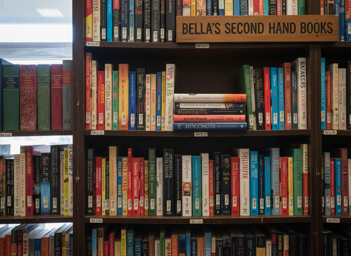 A detailed, photographic close-up of a shelf section at Bella's Second Hand Books, highlighting a diverse second-hand book collection. Hardcovers with textured cloth bindings sit beside glossy modern paperbacks, some with small handwritten price stickers on their spines. The shelf itself is dark-stained wood with subtle scratches, revealing years of use. A few books are stacked horizontally atop vertical rows, adding visual interest. Soft, diffused indoor lighting gently illuminates the titles, creating delicate shadows under each shelf. Captured straight-on with sharp focus on the central row and slight falloff at the edges, the composition emphasizes abundance and character. The atmosphere feels calm, organized, and welcoming, perfectly suited to a professional yet cozy community bookshop in Osborne Park, Perth.