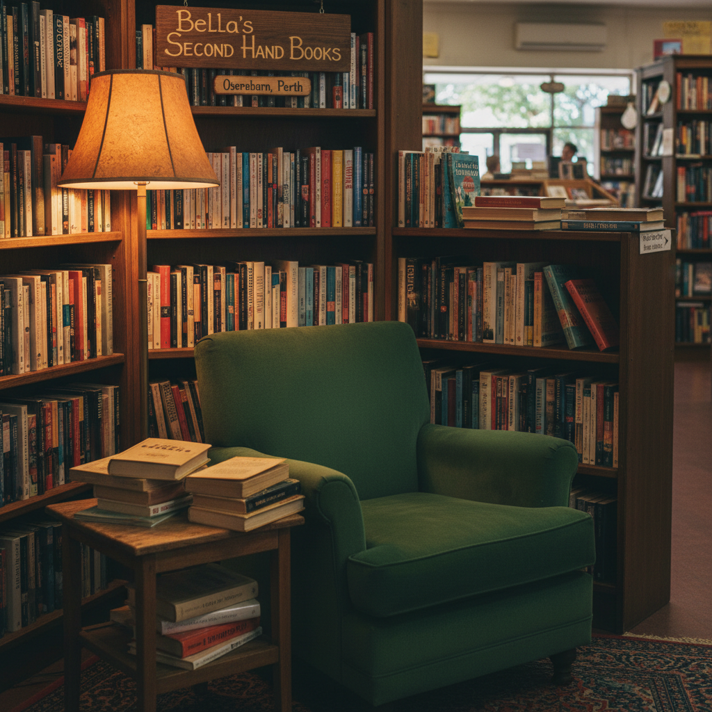 A cozy reading nook inside Bella's Second Hand Books with a deep-green armchair, a warm floor lamp, and a side table stacked with well-loved novels.