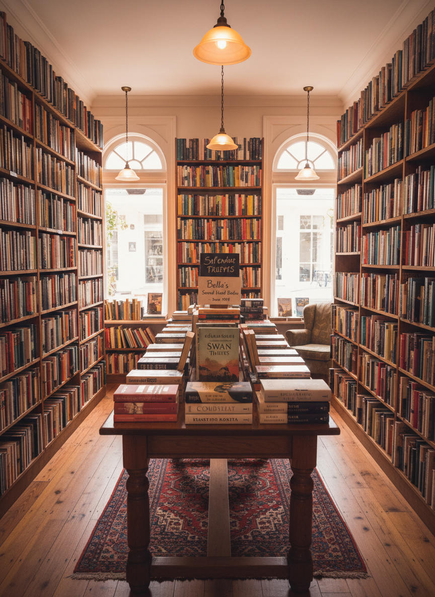 A warmly lit, inviting interior of Bella's Second Hand Books, a cozy second-hand bookshop in Osborne Park, Perth. Tall, slightly weathered wooden shelves overflow with a patchwork of colourful spines, some gently worn, others pristine, creating a rich tapestry of textures. In the centre, a sturdy oak table displays neatly arranged stacks of classic novels and local authors. Soft afternoon sunlight filters through the front windows, mingling with warm pendant lighting and casting gentle shadows across the timber floor. Photographic realism from an eye-level perspective, with sharp focus throughout, conveys a calm, welcoming atmosphere. The composition uses the rule of thirds, drawing the eye down a central aisle that seems to invite visitors deeper into this community-loved haven for book lovers.